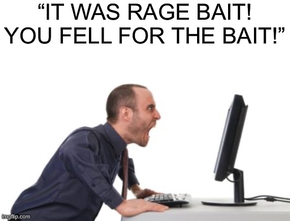 Man yelling at computer | “IT WAS RAGE BAIT! YOU FELL FOR THE BAIT!” | image tagged in man yelling at computer | made w/ Imgflip meme maker