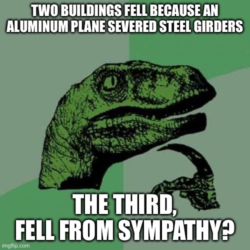 Philosoraptor | TWO BUILDINGS FELL BECAUSE AN ALUMINUM PLANE SEVERED STEEL GIRDERS; THE THIRD, FELL FROM SYMPATHY? | image tagged in memes,philosoraptor | made w/ Imgflip meme maker
