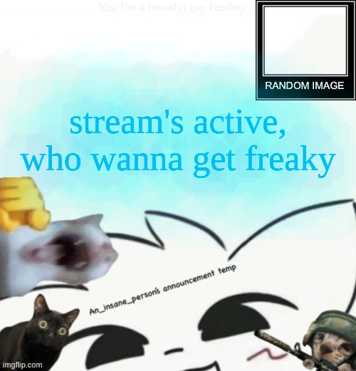 read tagline </3 | stream's active, who wanna get freaky | image tagged in my lil announcement | made w/ Imgflip meme maker