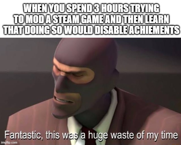 Pain | WHEN YOU SPEND 3 HOURS TRYING TO MOD A STEAM GAME AND THEN LEARN THAT DOING SO WOULD DISABLE ACHIEMENTS | image tagged in fantastic this was a huge waste of my time,mods,gaming | made w/ Imgflip meme maker