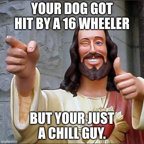 Buddy Christ Meme | YOUR DOG GOT HIT BY A 16 WHEELER; BUT YOUR JUST A CHILL GUY. | image tagged in memes,buddy christ | made w/ Imgflip meme maker