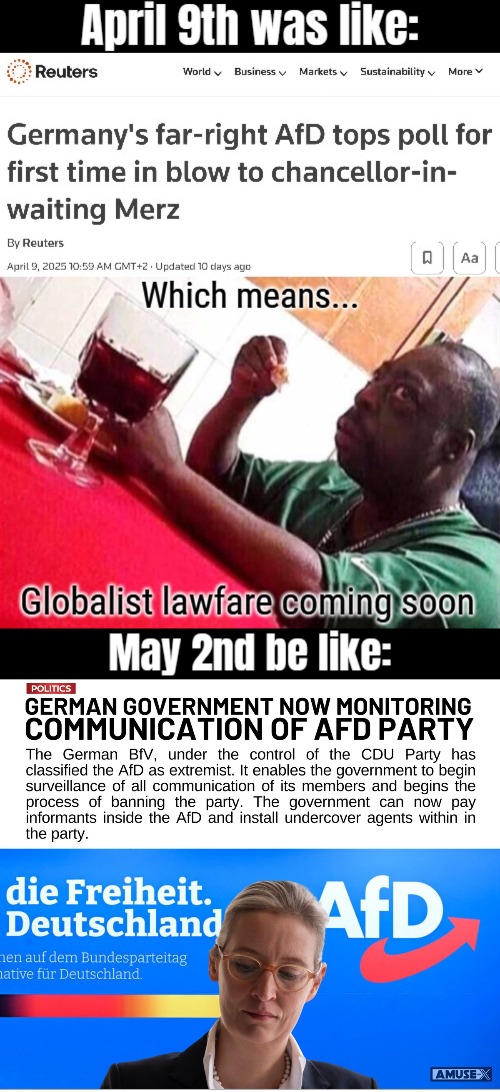 All legally! Formed in 2013, but the western left is now a complete globalist dictatorship whose plans mustn't be interrupted | image tagged in germany,europe,politics,tyranny | made w/ Imgflip meme maker
