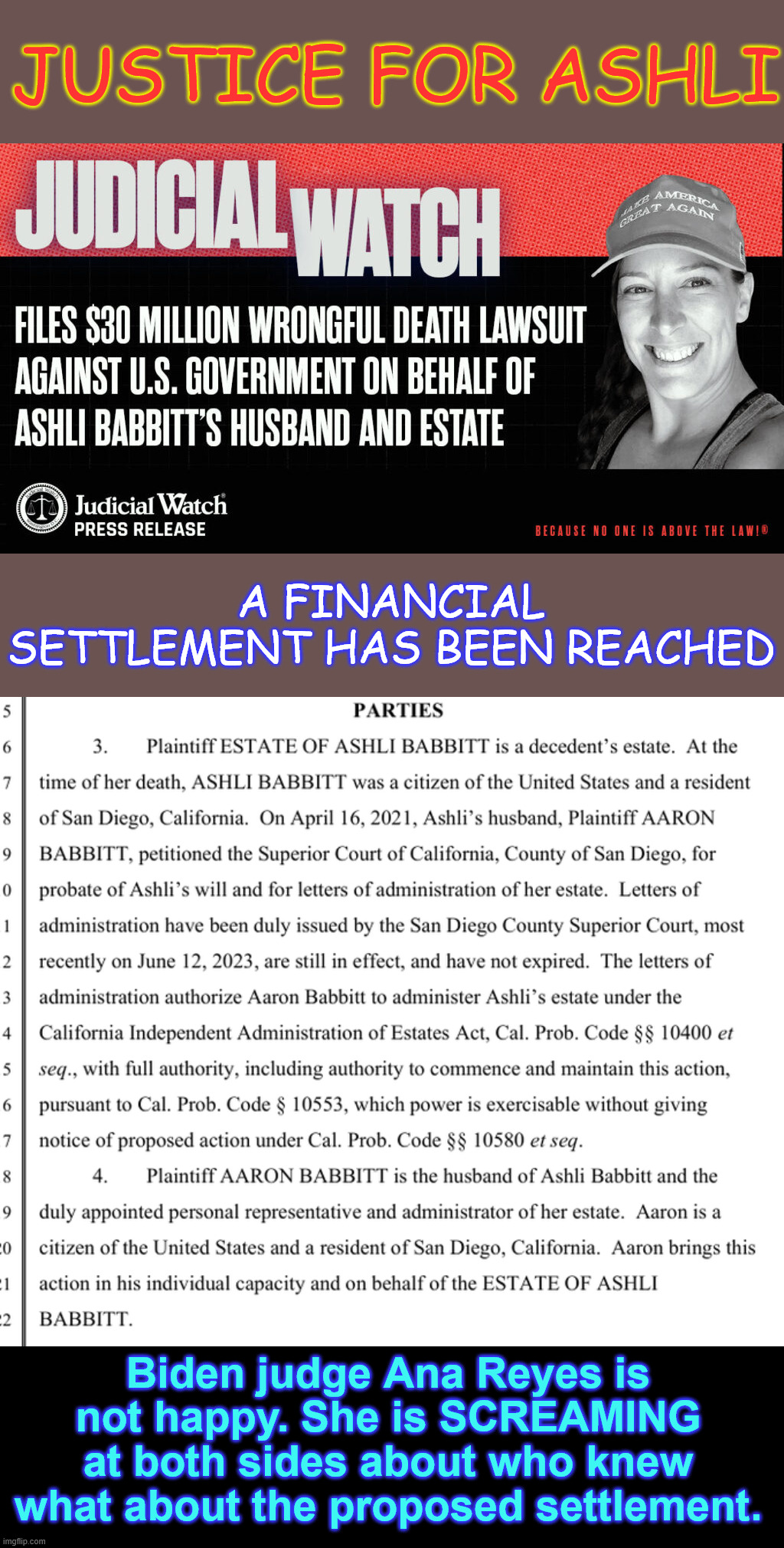 Justice for Ashli. Murdered by Capitol police. | JUSTICE FOR ASHLI; A FINANCIAL SETTLEMENT HAS BEEN REACHED; Biden judge Ana Reyes is not happy. She is SCREAMING at both sides about who knew what about the proposed settlement. | image tagged in doj settles ashli babbiti wrongful death lawsuit,biden judge not pleased | made w/ Imgflip meme maker