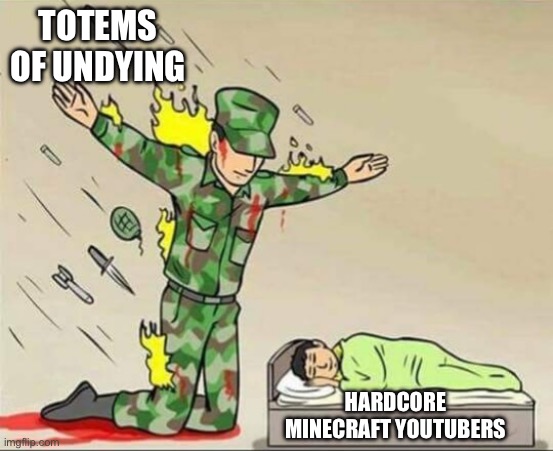 Soldier protecting sleeping child | TOTEMS OF UNDYING; HARDCORE MINECRAFT YOUTUBERS | image tagged in soldier protecting sleeping child | made w/ Imgflip meme maker