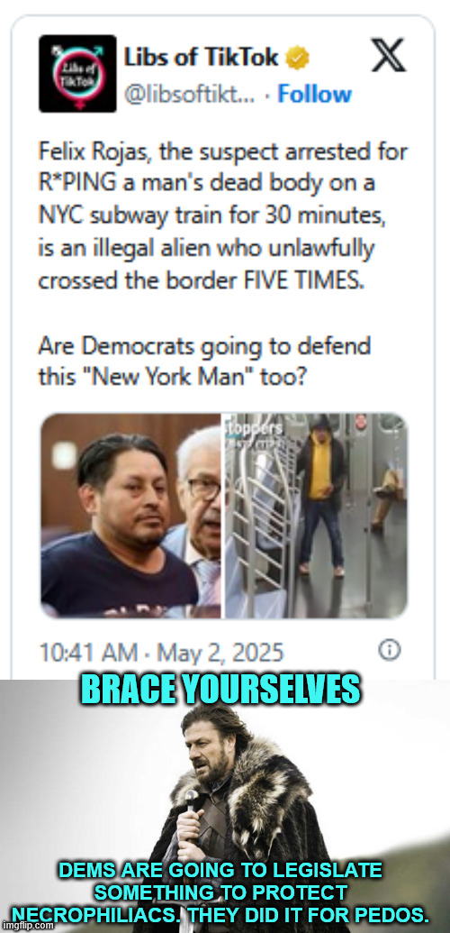 Brace yourselves | BRACE YOURSELVES; DEMS ARE GOING TO LEGISLATE SOMETHING TO PROTECT NECROPHILIACS. THEY DID IT FOR PEDOS. | image tagged in brace yourself,dems will defend necros too | made w/ Imgflip meme maker