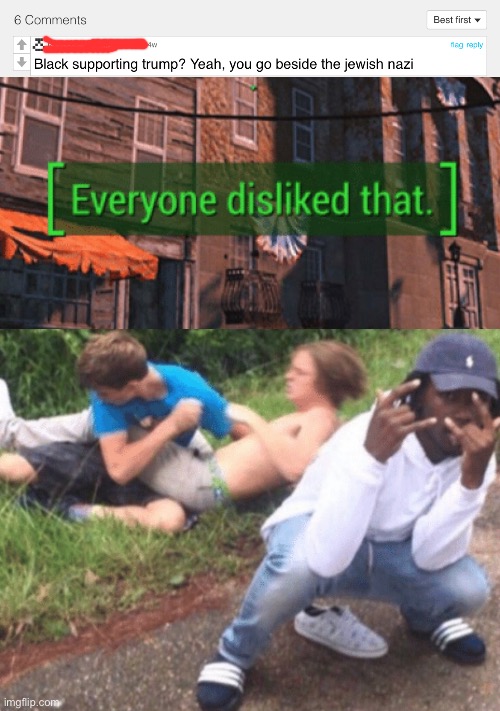 Whatever the heck that comment was | image tagged in nobody liked that,two guys fighting,out of context | made w/ Imgflip meme maker