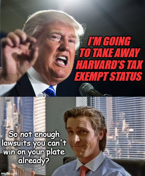 Step 1: exceed your authority, violate the law. Step 2: cry like a li'l byotch, blame the courts when it blows up in your face. | I'M GOING TO TAKE AWAY HARVARD’S TAX EXEMPT STATUS; So not enough
lawsuits you can't
win on your plate
already? | image tagged in donald trump,smug patrick bateman | made w/ Imgflip meme maker