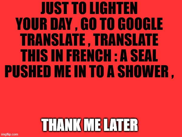 dont forget to press the speaker | JUST TO LIGHTEN YOUR DAY , GO TO GOOGLE TRANSLATE , TRANSLATE THIS IN FRENCH : A SEAL PUSHED ME IN TO A SHOWER , THANK ME LATER | made w/ Imgflip meme maker