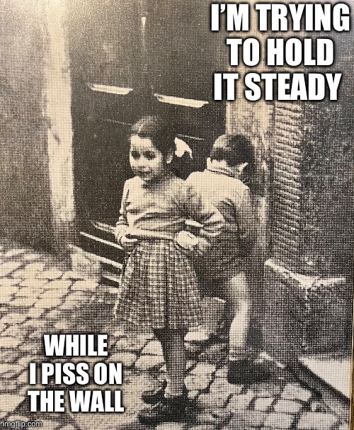Piss on the wall | I’M TRYING TO HOLD IT STEADY; WHILE I PISS ON THE WALL | image tagged in peeing | made w/ Imgflip meme maker