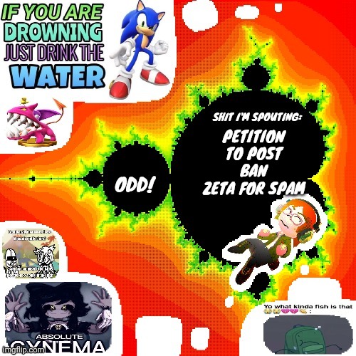 Odd Mandelbrot announcement template mii version | PETITION TO POST BAN ZETA FOR SPAM | image tagged in odd mandelbrot announcement template mii version | made w/ Imgflip meme maker