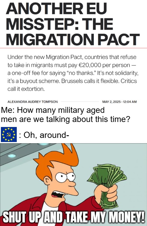 Me: How many military aged men are we talking about this time? : Oh, around-; SHUT UP AND TAKE MY MONEY! | image tagged in shut up and take my money,immigration,europe,european union | made w/ Imgflip meme maker