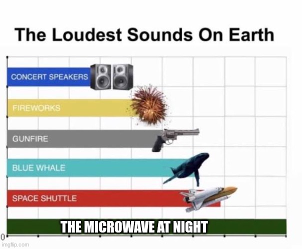 The Loudest Sounds on Earth | THE MICROWAVE AT NIGHT | image tagged in the loudest sounds on earth | made w/ Imgflip meme maker