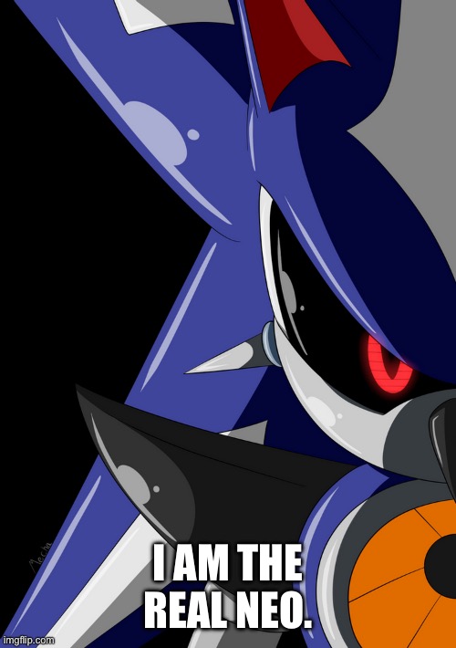 Neo Metal Sonic stare | I AM THE REAL NEO. | image tagged in neo metal sonic stare | made w/ Imgflip meme maker