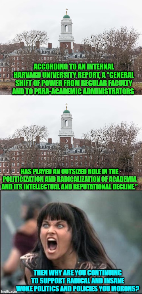 The report admits that it destroyed the university's reputation but still they won't change. | ACCORDING TO AN INTERNAL HARVARD UNIVERSITY REPORT, A “GENERAL SHIFT OF POWER FROM REGULAR FACULTY AND TO PARA-ACADEMIC ADMINISTRATORS; HAS PLAYED AN OUTSIZED ROLE IN THE POLITICIZATION AND RADICALIZATION OF ACADEMIA AND ITS INTELLECTUAL AND REPUTATIONAL DECLINE.”; THEN WHY ARE YOU CONTINUING TO SUPPORT RADICAL AND INSANE WOKE POLITICS AND POLICIES YOU MORONS? | image tagged in yep | made w/ Imgflip meme maker