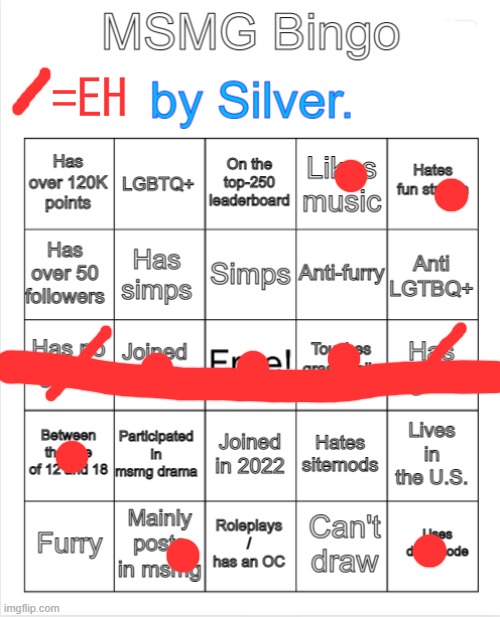 quasi bingo | =EH | image tagged in silver 's msmg bingo | made w/ Imgflip meme maker