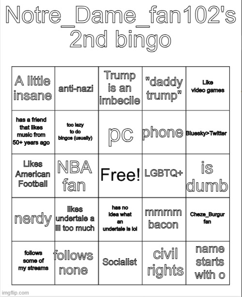 High Quality Notre_Dame_Fan102's 2nd Bingo Blank Meme Template