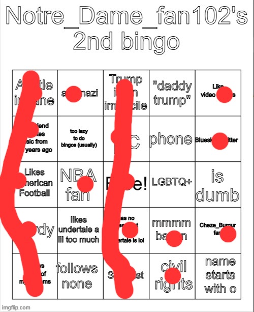 Notre_Dame_Fan102's 2nd Bingo | image tagged in notre_dame_fan102's 2nd bingo | made w/ Imgflip meme maker