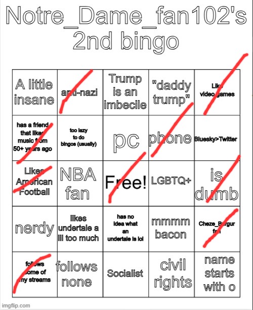 Notre_Dame_Fan102's 2nd Bingo | image tagged in notre_dame_fan102's 2nd bingo | made w/ Imgflip meme maker