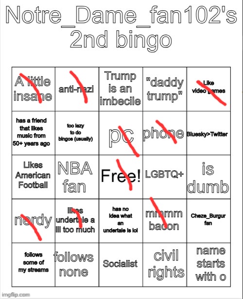 Notre_Dame_Fan102's 2nd Bingo | image tagged in notre_dame_fan102's 2nd bingo | made w/ Imgflip meme maker