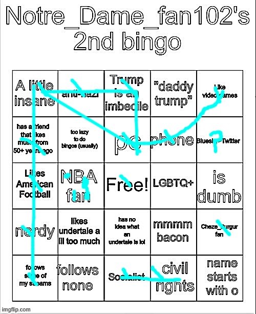 Notre_Dame_Fan102's 2nd Bingo | image tagged in notre_dame_fan102's 2nd bingo | made w/ Imgflip meme maker