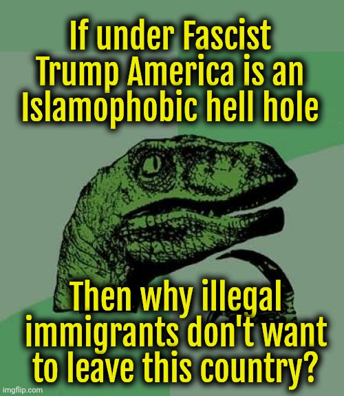 Far Right Philosoraptor asked a question. | If under Fascist Trump America is an Islamophobic hell hole; Then why illegal immigrants don't want to leave this country? | image tagged in philosoraptor,trump,donald trump,democrats | made w/ Imgflip meme maker