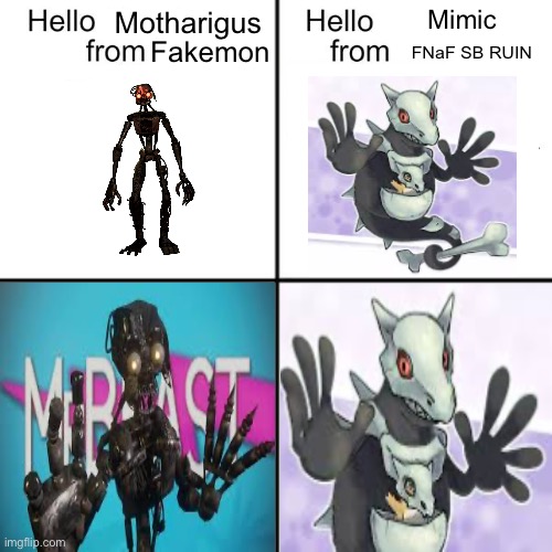 It came 2 my attention th@ a couple video game characters (even OCs) r mocking Mr beast | Mimic; Motharigus; Fakemon; FNaF SB RUIN | image tagged in hello person from | made w/ Imgflip meme maker