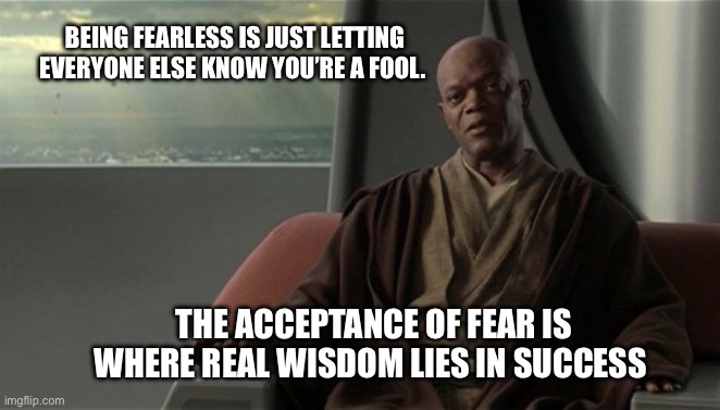 Real wisdom is in fear | BEING FEARLESS IS JUST LETTING EVERYONE ELSE KNOW YOU’RE A FOOL. THE ACCEPTANCE OF FEAR IS WHERE REAL WISDOM LIES IN SUCCESS | image tagged in mace windu jedi council | made w/ Imgflip meme maker