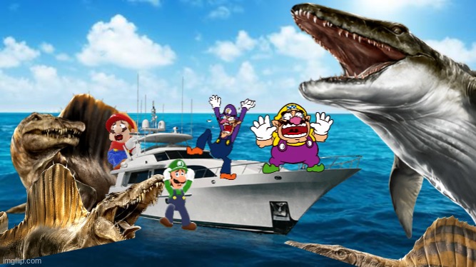 Wario and his friends die to a pack of Spinosaurs and a Mosasaurus.mp3 | image tagged in wario dies,jurassic park,jurassic world,jurassic park/world | made w/ Imgflip meme maker