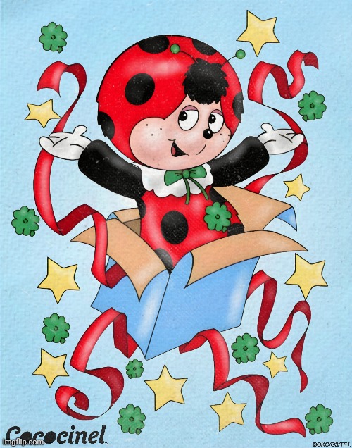 Cococinel 1992 (Cocomiel) Gift ladybird with magic clover | image tagged in cococinel,ladybird,ladybug,90s | made w/ Imgflip meme maker
