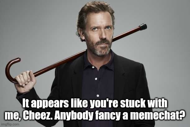 Dr House | It appears like you're stuck with me, Cheez. Anybody fancy a memechat? | image tagged in dr house | made w/ Imgflip meme maker