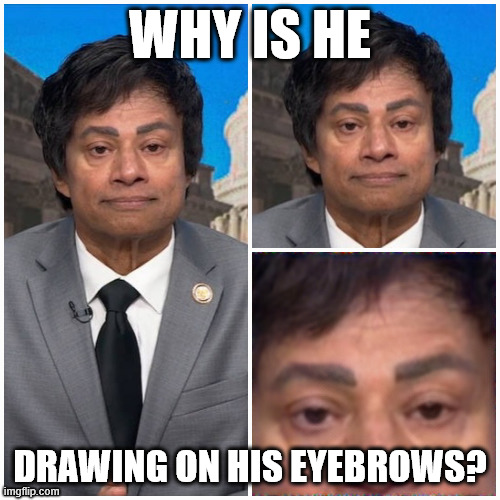 Why? | WHY IS HE; DRAWING ON HIS EYEBROWS? | image tagged in shri thanedar,shri,thanedar,eyebrows | made w/ Imgflip meme maker