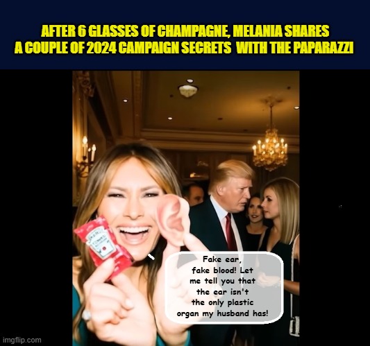 When your husband is a planetary punchline and you just can't hold the laughter in any longer | AFTER 6 GLASSES OF CHAMPAGNE, MELANIA SHARES A COUPLE OF 2024 CAMPAIGN SECRETS  WITH THE PAPARAZZI; Fake ear, fake blood! Let me tell you that the ear isn't the only plastic organ my husband has! | image tagged in impeach trump,melania trump meme,donald trump memes,trump is a moron,government corruption | made w/ Imgflip meme maker