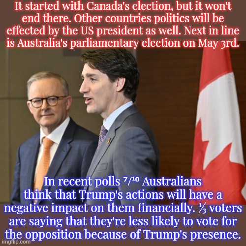 Australia's "Liberal" Party is actually conservative. | It started with Canada's election, but it won't
end there. Other countries politics will be
effected by the US president as well. Next in line
is Australia's parliamentary election on May 3rd. In recent polls ⁷/¹⁰ Australians think that Trump's actions will have a negative impact on them financially. ⅓ voters are saying that they're less likely to vote for
the opposition because of Trump's presence. | image tagged in albanese and trudeau,domino effect,resistance,who wants change,the future is now old man | made w/ Imgflip meme maker