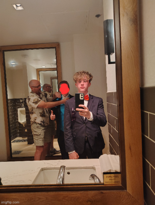 Flick7 getting his bowtie fixed because he's stupid and out it over the collar | image tagged in flick7,shinobii,prom,bow tie,funny,dance | made w/ Imgflip meme maker