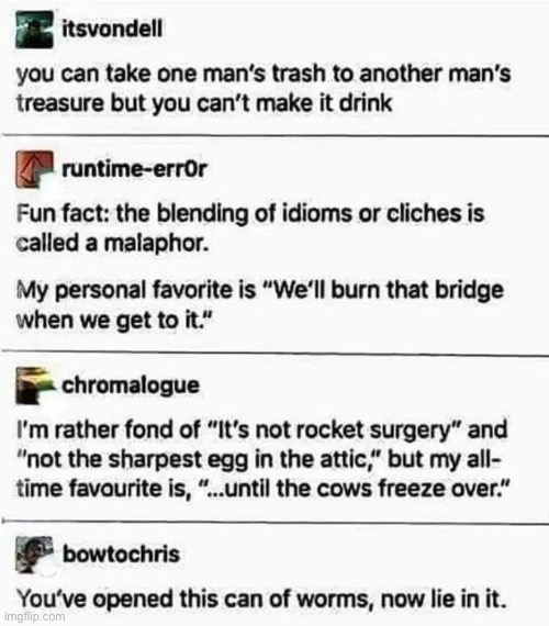 Malaphors | image tagged in idiom,blender,bad pun | made w/ Imgflip meme maker