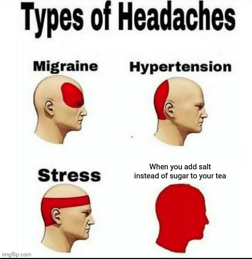 „Bulleh! What did I just put in my mouth?” I said calmy after drinking the tea. | When you add salt instead of sugar to your tea | image tagged in types of headaches meme,tea,salt,sugar,disgusting | made w/ Imgflip meme maker