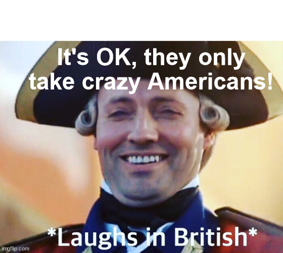 Laughs In British | It's OK, they only take crazy Americans! | image tagged in laughs in british | made w/ Imgflip meme maker