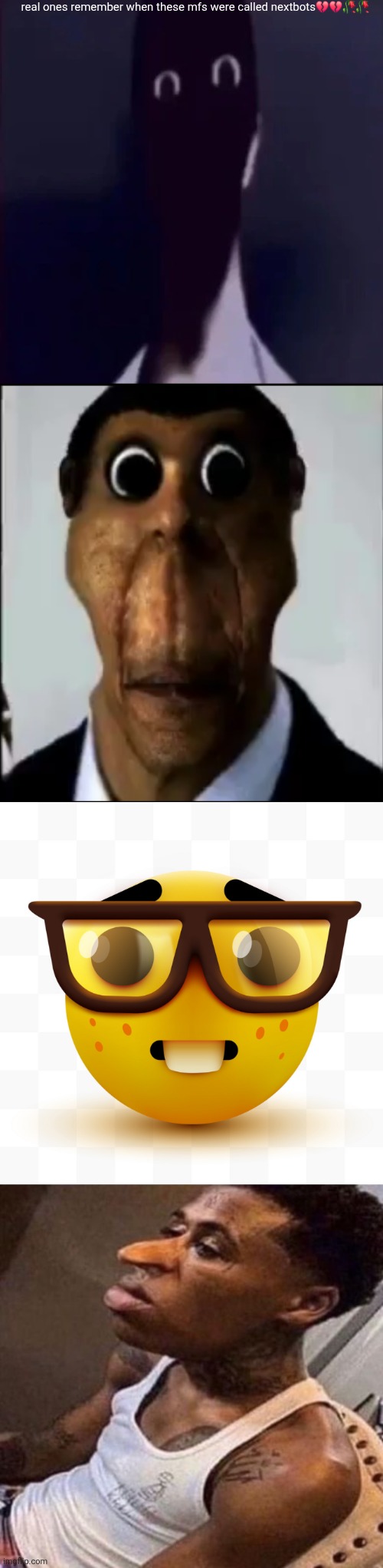 real ones remember when these mfs were called nextbots💔💔🥀🥀 | image tagged in n mandela catalogue,obunga,nerd emoji,quandale dingle,nextbots,shitpost | made w/ Imgflip meme maker