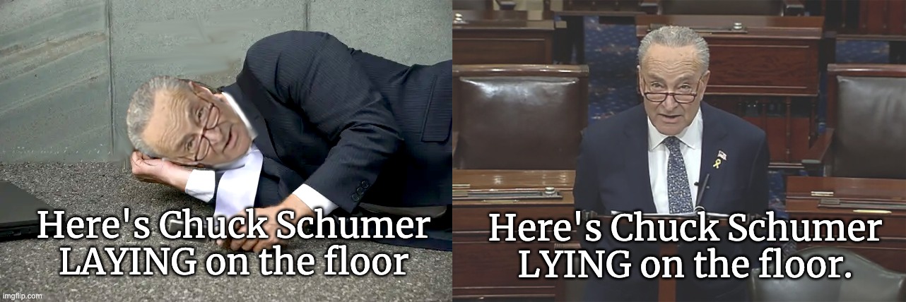 GRAMMAR ILLUSTRATED | Here's Chuck Schumer LAYING on the floor; Here's Chuck Schumer LYING on the floor. | image tagged in chuck schumer,democrats,liars lying | made w/ Imgflip meme maker