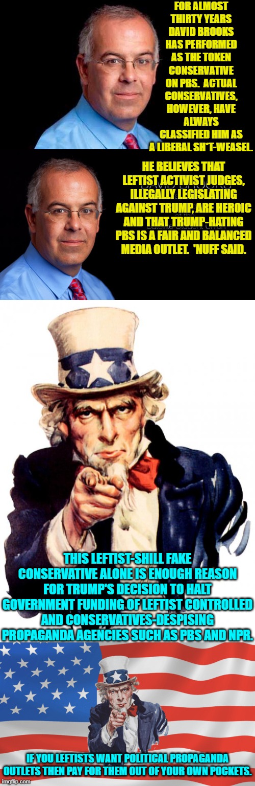 Pay for what you want yourselves leftists . . . for once. | FOR ALMOST THIRTY YEARS DAVID BROOKS HAS PERFORMED AS THE TOKEN CONSERVATIVE ON PBS.  ACTUAL CONSERVATIVES, HOWEVER, HAVE ALWAYS CLASSIFIED HIM AS A LIBERAL SH*T-WEASEL. HE BELIEVES THAT LEFTIST ACTIVIST JUDGES, ILLEGALLY LEGISLATING AGAINST TRUMP, ARE HEROIC AND THAT TRUMP-HATING PBS IS A FAIR AND BALANCED MEDIA OUTLET.  'NUFF SAID. THIS LEFTIST-SHILL FAKE CONSERVATIVE ALONE IS ENOUGH REASON FOR TRUMP'S DECISION TO HALT GOVERNMENT FUNDING OF LEFTIST CONTROLLED AND CONSERVATIVES-DESPISING PROPAGANDA AGENCIES SUCH AS PBS AND NPR. IF YOU LEFTISTS WANT POLITICAL PROPAGANDA OUTLETS THEN PAY FOR THEM OUT OF YOUR OWN POCKETS. | image tagged in yep | made w/ Imgflip meme maker