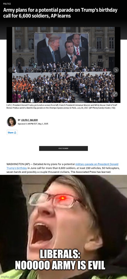 Geez calm down lib | LIBERALS: NOOOOO ARMY IS EVIL | image tagged in crying liberal,donald trump | made w/ Imgflip meme maker