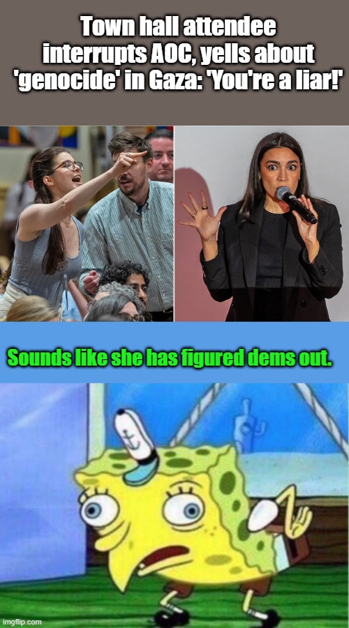 Town hall attendee interrupts AOC, yells about 'genocide' in Gaza: 'You're a liar!'; Sounds like she has figured dems out. | image tagged in memes,mocking spongebob | made w/ Imgflip meme maker