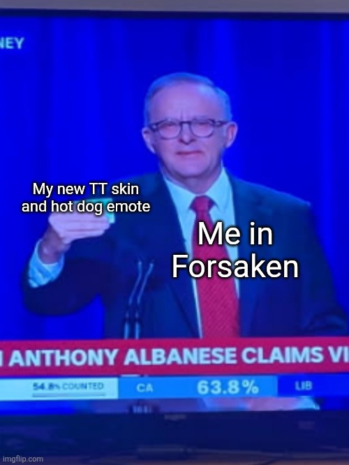 My new TT skin and hot dog emote; Me in Forsaken | made w/ Imgflip meme maker