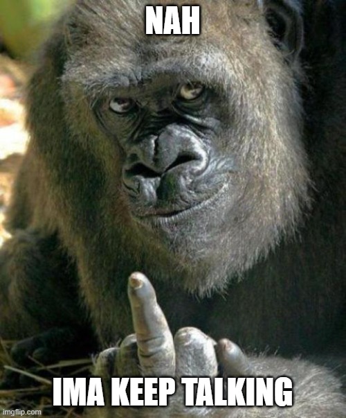 gorilla middle finger | NAH IMA KEEP TALKING | image tagged in gorilla middle finger | made w/ Imgflip meme maker