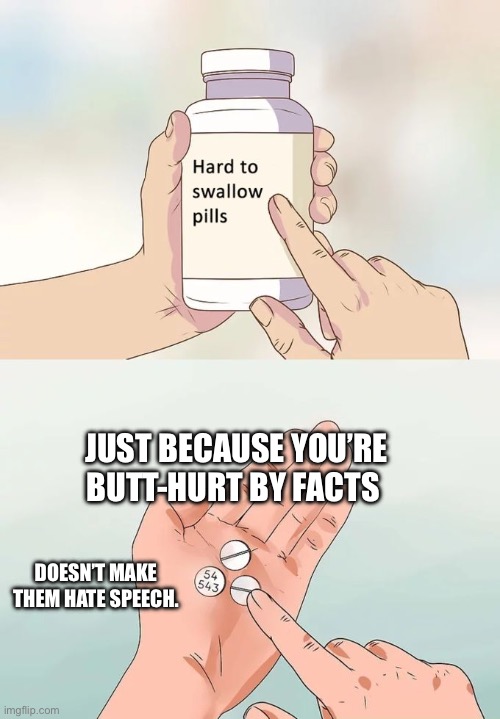 Hard To Swallow Pills | JUST BECAUSE YOU’RE BUTT-HURT BY FACTS; DOESN’T MAKE THEM HATE SPEECH. | image tagged in memes,hard to swallow pills | made w/ Imgflip meme maker