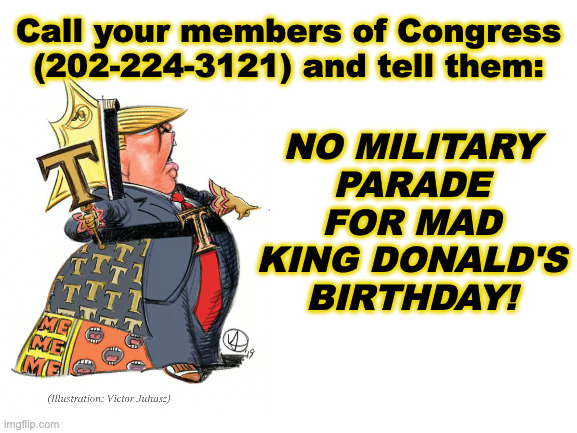 No military parade for Trump's birthday | Call your members of Congress (202-224-3121) and tell them:; NO MILITARY PARADE FOR MAD KING DONALD'S BIRTHDAY! | image tagged in blank white template | made w/ Imgflip meme maker