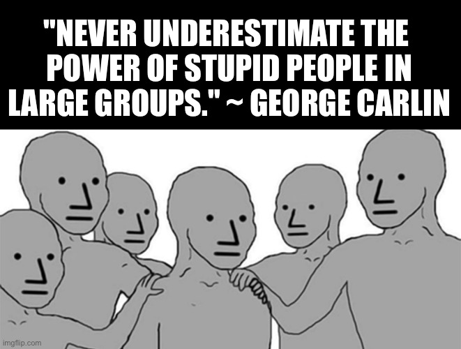 Normie NPC | "NEVER UNDERESTIMATE THE 
POWER OF STUPID PEOPLE IN LARGE GROUPS." ~ GEORGE CARLIN | image tagged in memes | made w/ Imgflip meme maker