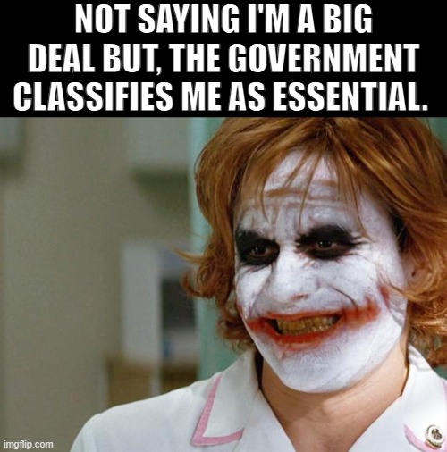 Nursing | NOT SAYING I'M A BIG DEAL BUT, THE GOVERNMENT CLASSIFIES ME AS ESSENTIAL. | image tagged in joker nurse,nurse,nurses,nursing,healthcare,medical | made w/ Imgflip meme maker