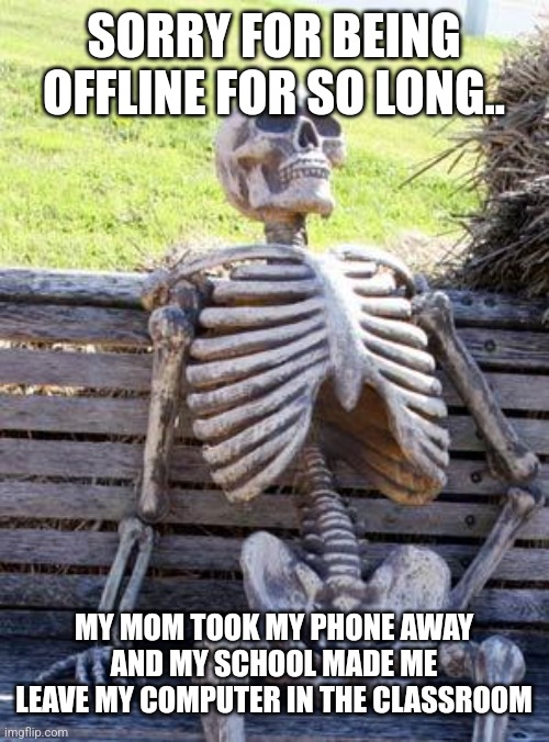 I am back now | SORRY FOR BEING OFFLINE FOR SO LONG.. MY MOM TOOK MY PHONE AWAY AND MY SCHOOL MADE ME LEAVE MY COMPUTER IN THE CLASSROOM | image tagged in memes,waiting skeleton | made w/ Imgflip meme maker