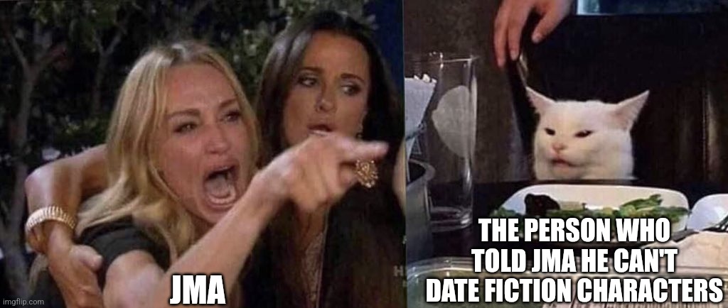 Watch The Jade Mountain Archive for context | THE PERSON WHO TOLD JMA HE CAN'T DATE FICTION CHARACTERS; JMA | image tagged in woman yelling at cat | made w/ Imgflip meme maker